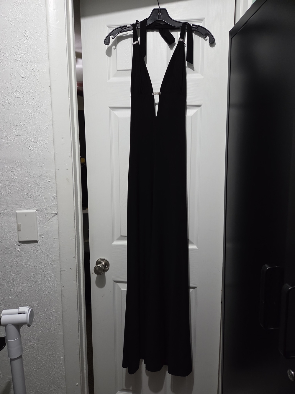 B Darlin Black Halter Maxi Dress with Plunge V and Tie Straps